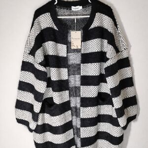 Cozy Black and White Mohair Striped Cardigan